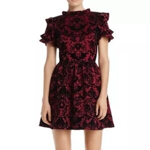 AQUA Whimsigoth Flocked Ruffle Sleeve Dress Medium Burgundy Red Black Velvet M